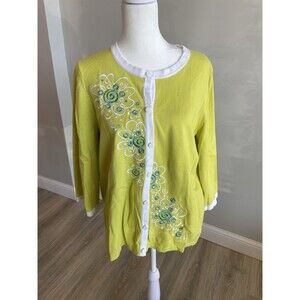 Bob Mackie Embroidered Beaded Cardigan W/ Contrast Trim Size Medium Lime Green